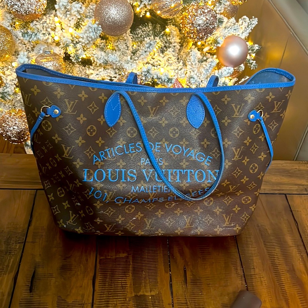 MUST SELL!! BLUE LOUIS VUITTON MONOGRAM CANVAS IKAT FLOWER NEVERFULL MM